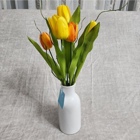 New Yellow Orange Real Feel Tulip Arrangement in Ceramic Vase, 16" - Picture 1 of 5